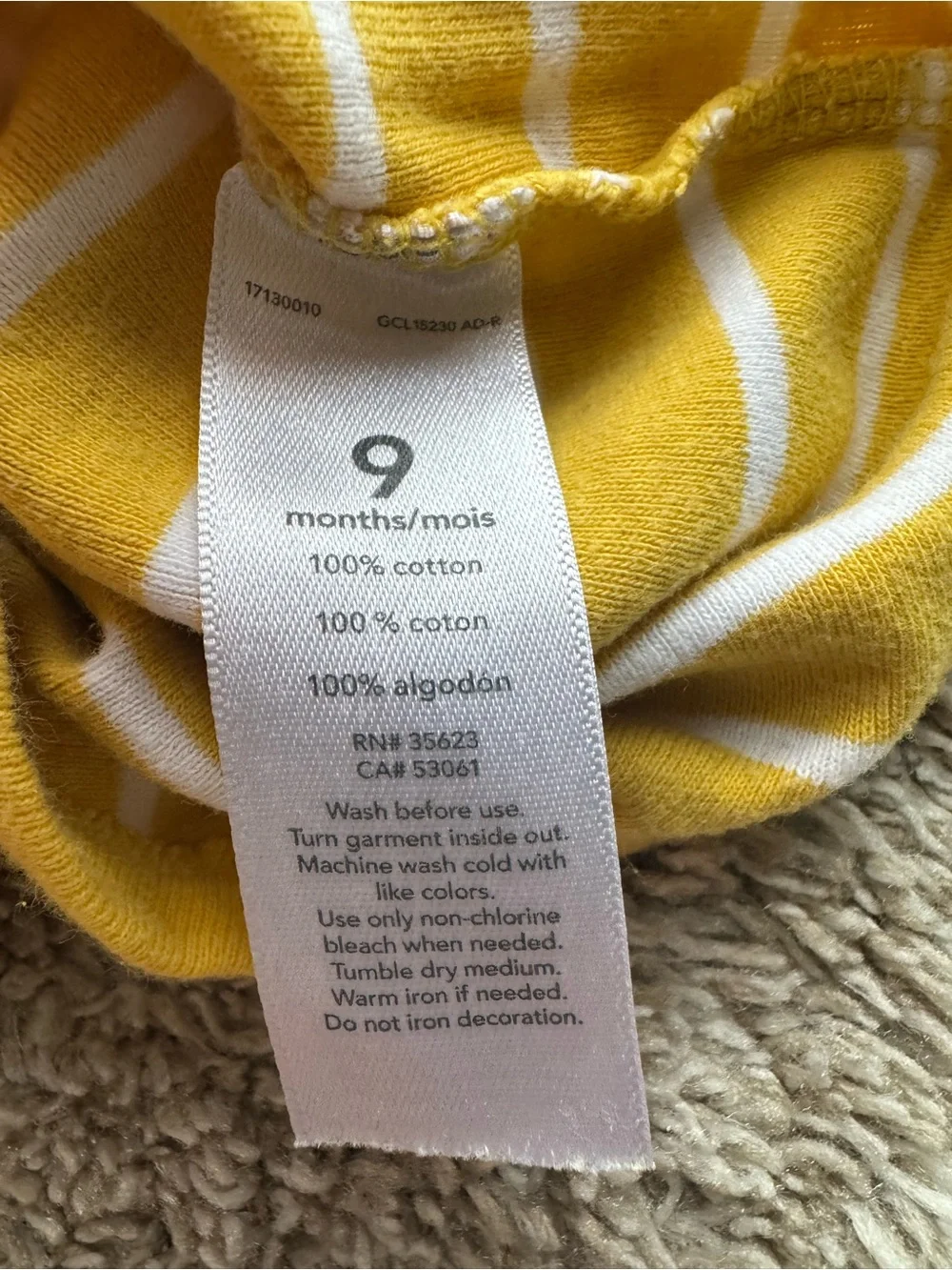 Carter’s Yellow & White Striped Short Sleeve Bodysuit 9M Baby One Piece